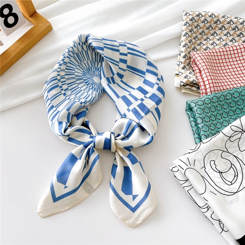 Women Square Scarf Polyester Satin Geometric Chain Print Elegant Neck Head Hair Bandana Fashion Accessory
