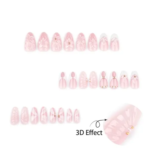Unghie Finte 3D Fiori French Rosa Bianco Lunga Forma Mandorla Unghie Artificiali Con Künstliche Perle Sfere Acciaio Elegante