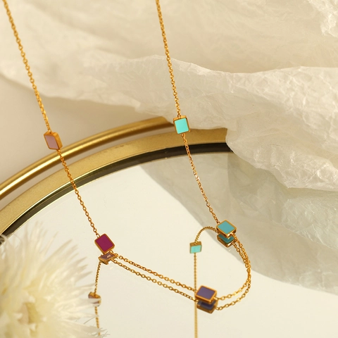 Colorful Enamel Rectangular Pendant Necklace Stainless Steel 18K Gold Plated Geometric Fashion Jewelry For Women