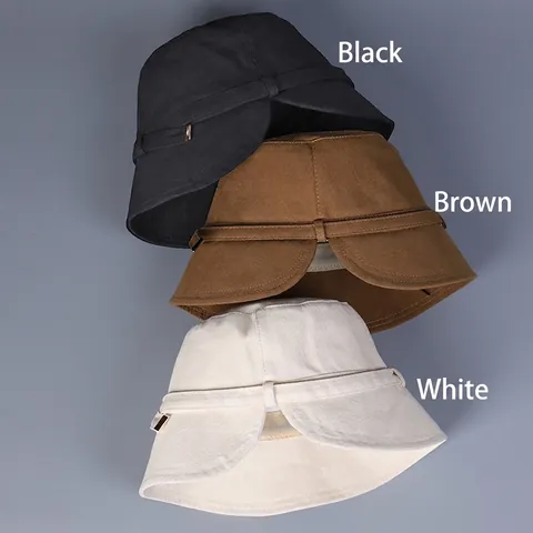 Women Cotton Bucket Hat Sun Protection Foldable Split Back Metal Buckle Plain Casual Summer Beach