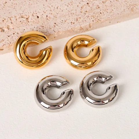 Stainless Steel C Shaped Ear Cuffs Non Pierced 18K Gold Plated Thick Hollow Mirror Polished Fashion Jewelry Women