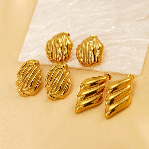 Edelstahl Ohrstecker 18K Vergoldet Unregelmäßige Geometrische Zerknitterte Wellenstruktur Minimalistischer Schmuck Damen