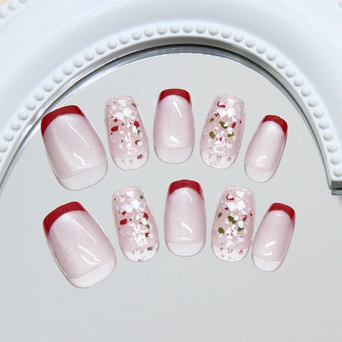 Handmade Press On Nails Cat Eye Pearlescent Red French Tip Glitter Sequins Square Round Elegant For Women