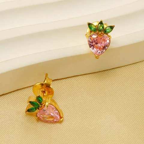 Cute Strawberry Stud Earrings Stainless Steel 18K Gold Plated Pink Heart Zircon Green Leaf Summer Jewelry For Women