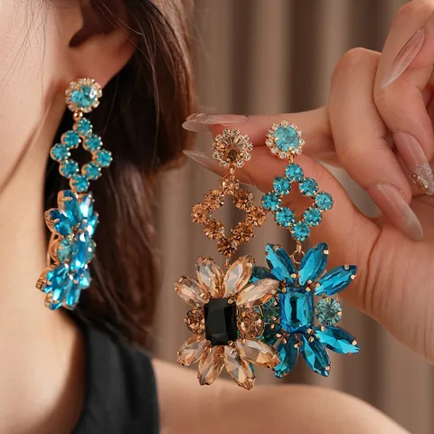 Vintage Blue Crystal Flower Drop Earrings Rhombic Rhinestone Copper Jewelry With Silver Earring Post Retro For Women