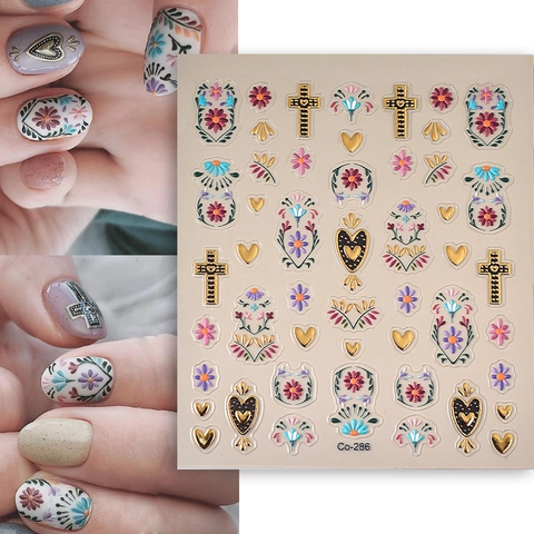 5D Reliëf Nagelstickers In Reliëf Bronskleurig Kruis Hart Bloem Totem Boheemse Stijl DIY Manicure Decoraties Waterdicht