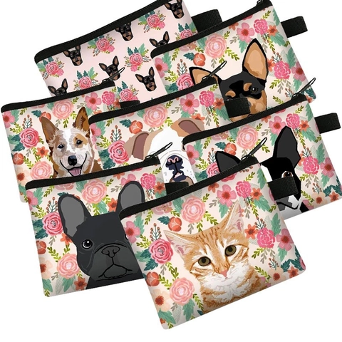 Dog Floral Print Coin Purse Zippered Small Storage Bag Polyester Portable Mini Wallet For Kids And Women
