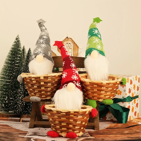 Panier à Bonbons de Gnome de Noël Panier de Rangement en Bambou Tissé Nordique Poupée Sans Visage Décoration de Fête