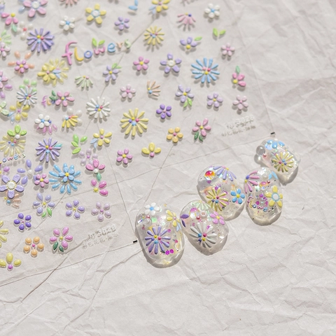 Autocollants Art Des Ongles Gaufrés 3D Motifs Fleurs Colorées Auto Adhésifs Décoration De Manucure Marguerite DIY