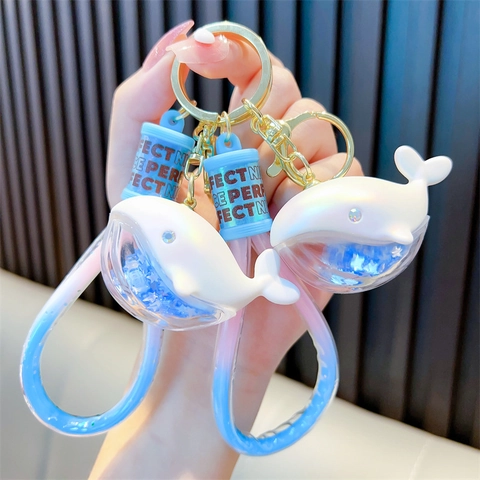 Cute Whale Dolphin Liquid Quicksand Keychain Gradient Star Sequins Bag Pendant Cartoon Floating Animal Keychain Charm Gift