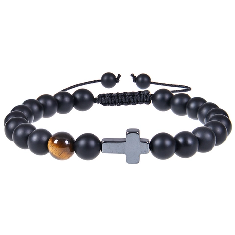 Handmade Natural Tiger Eye Matte Stone Beaded Bracelet With Metal Cross Pendant Adjustable Gift Card Religious