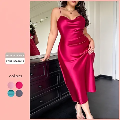 Women Plus Size Satin Nightgown Cowl Neck Spaghetti Strap Sleepwear Imitation Satin Solid Color Glossy Midi Slip Dress