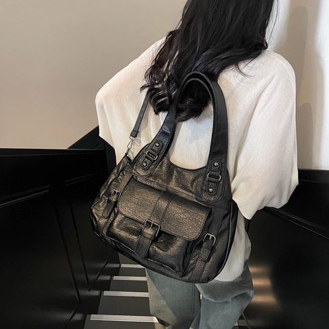 Dames Tote Tas Grote Capaciteit Vintage PU Leer Multi Zakken Gesp Retro Schoudertas Crossbody Handtas