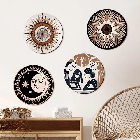 Bohemian Round Wood Wall Decor Abstract Sun Moon Star Minimalist Women Art Printing Wooden Hanging Ornament Living Room