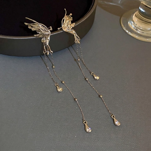 Butterfly Fairy Wing Ear Cuff Long Tassel Fringe Earrings Liquid Metal Alloy Rhinestone Artificial Pearl Non Pierced For Women Girls
