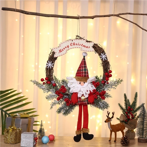 Ghirlanda di Natale Babbo Natale Pupazzo di Neve Renna Bambola Rattan Merry Christmas Banner Decorazione da Parete Feste
