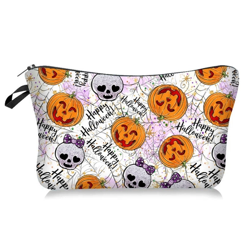 Halloween Pumpkin Skull Print Makeup Bag Polyester Zippered Large Capacity Portable Toiletry Pouch Travel Storage For Women