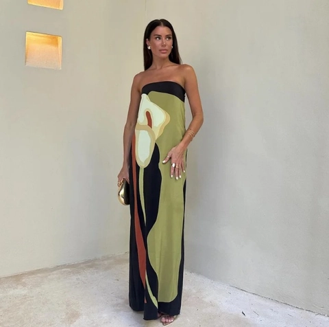 Trägerloses Maxikleid Blumen Abstrakt Druck Schlanke Passform Tube Langes Kleid Für Frauen Sommer Urlaub Party Kleidung