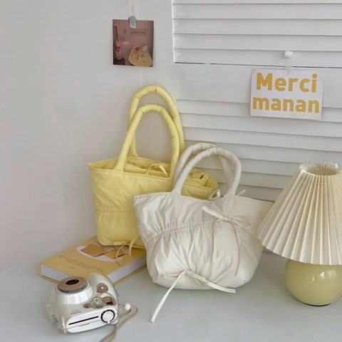 Borsa Imbottita Arricciata Poliestere Trapuntata Dolce Kawaii Coulisse Fiocco Colore Macaron Moda Tote Per Donne