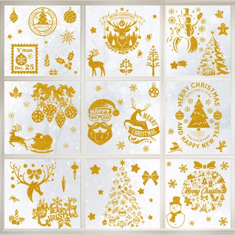 Gold Glitzer Weihnachten Weihnachtsmann Rentier Schneeflocke Statisch Haftende Fensteraufkleber Xmas Festival Wanddeko Aufkleber