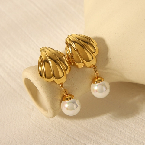 Pendientes De Gota Con Concha De Vieira Y Perla Artificial Acero Inoxidable Chapado En Oro De 18K Estilo Océano Vintage Mujeres