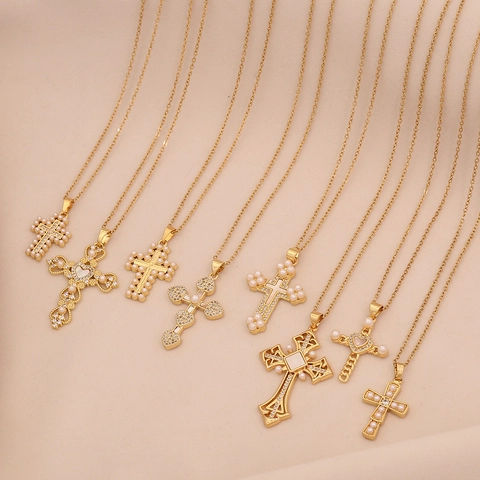 Cross Pendant Necklace Stainless Steel Copper With Imitation Artificial Pearl Shell Rhinestone Elegant Chic Clavicle Chain For Women
