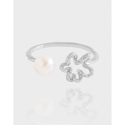 S925 Sterling Silver Open Ring For Women Korean Minimalist Hollow Flower Artificial Pearl Adjustable Finger Ring Jewelry