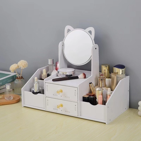 Desktop Make-up Organizer Box Mit Spiegel Aufbewahrungsschubladen Kosmetikkoffer Für Schmuck Hautpflege Weiß Modern WPC
