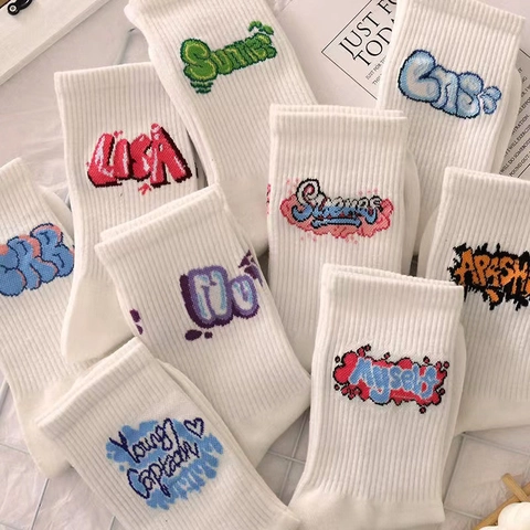Unisex Crew Socks Breathable Polyester Cotton Streetwear Graffiti Letter Printed Ribbed Athletic Casual Mid Tube
