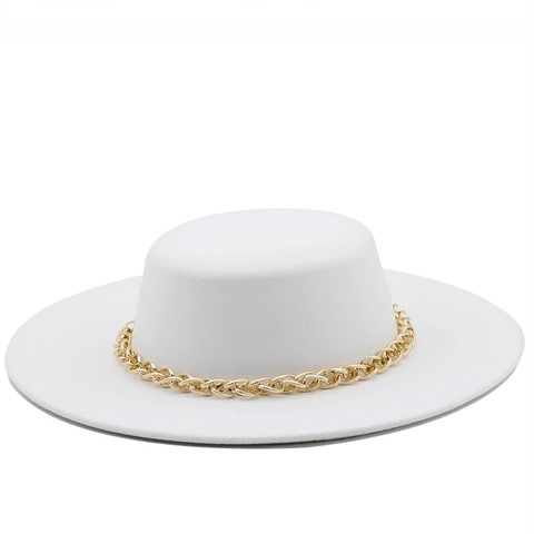 Flat Top Wide Brim Boater Hat Women Men Polyester Cotton Felt Elegant Gold Metal Chain Decor British Style Jazz Cap