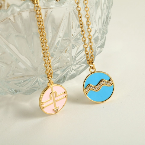 Zodiac Constellation Pendant Necklace Stainless Steel Copper Enamel Rhinestone Inlaid Gold Plated Fashion Jewelry For Women
