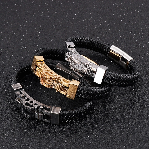 Heren Armband Gevlochten Leer Mechanisch Versnelling Roestvrij Staal Biker Sieraden Punk Stijl Industriële Magnetische Sluiting