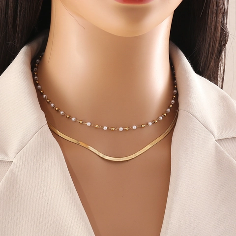 Butterfly Artificial Pearl Double Layer Necklace Stainless Steel Snake Chain Y-Shape Pendant Elegant Jewelry For Women