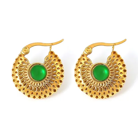 French Retro Hollow Gold Hoop Earrings Green Glass Inlaid Titanium Steel 18K Gold Plated Niche Design Elegant Jewelry Women