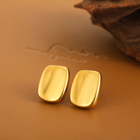 18K Gold Plated Stainless Steel Rectangular Stud Earrings Glossy Concave Geometric Design For Women Versatile Jewelry Gift