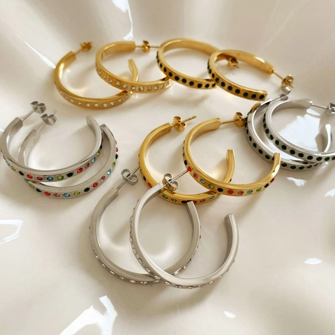 Orecchini a Cerchio a C in Acciaio Inossidabile Esagerati Donna Con Strass Multicolore Verdi Bianchi Gioielli Geometrici