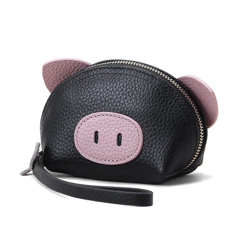 Monedero Lindo Con Forma De Cerdito De Cuero De Vaca Genuino Con Correa De Muñeca Y Llavero Para Mujeres Niñas