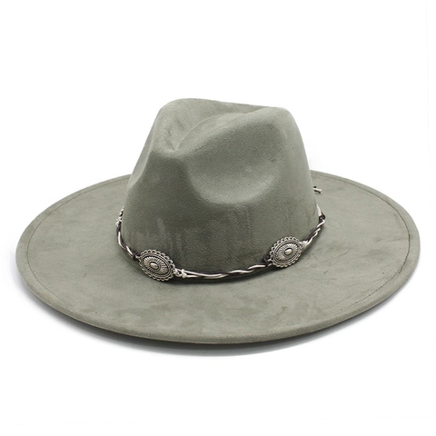 Wide Brim Fedora Hut Wildleder Western Cowboy Stil Mit Geflochtenem Band Und Metall Conchos Ethno Boho Jazz Hut