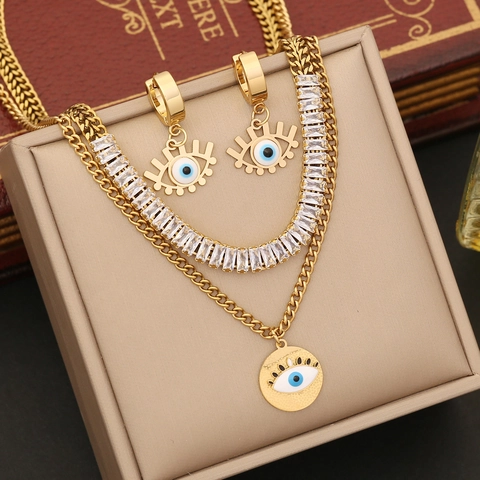 Evil Eye Jewelry Stainless Steel Zircon Double Layer Necklace Bracelet Earrings Elegant Aesthetic For Women Girls