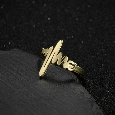 Heartbeat EKG Heart Open Ring Stainless Steel Adjustable Minimalist Fashion Jewelry For Women