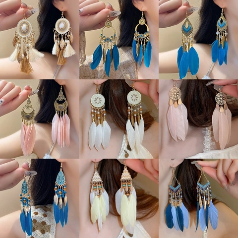 Orecchini A Pendente Con Frange Di Piume Boho Etnico Vintage Lega Perla Gioielli Per Donna Accessori Da Spiaggia