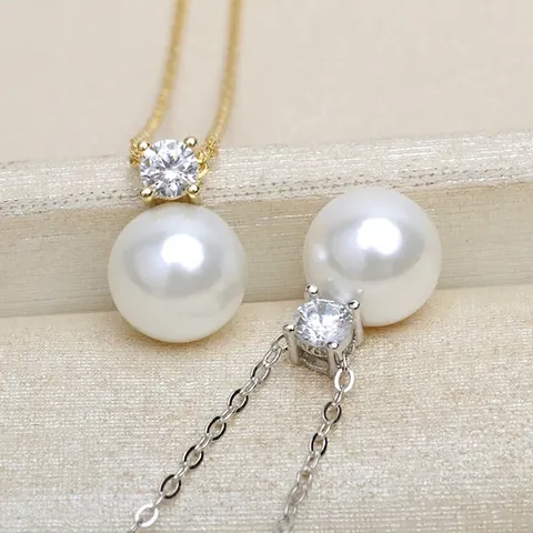 Collar Con Colgante De Perla Artificial Blanca Redonda Con Circonita Acero Inoxidable 316L Cadena De Clavícula Chapada Al Vacío Para Mujer Elegante