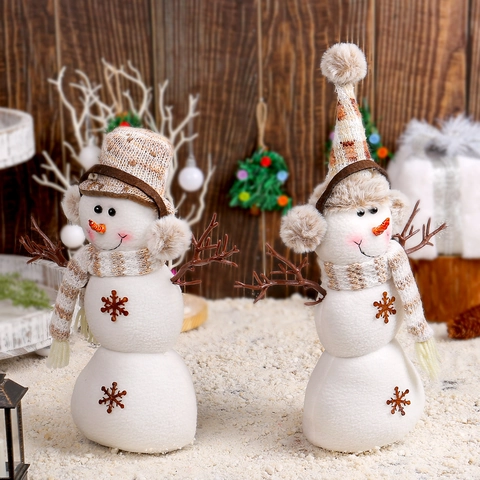Snowman Ornaments Christmas Desktop Decoration Plush Fabric With Brown Plaid Hat Scarf Branch Arms Festive Scene Layout