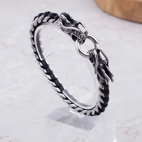 Bracciale Drago Vintage Da Uomo In Acciaio Inossidabile Testa Di Drago Pelle Intrecciata Nera Gioielli Punk Biker