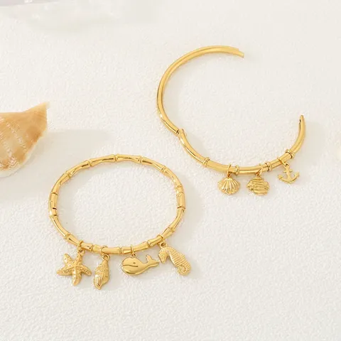 Bracciale Rigido Oceano Placcato Oro 18K Acciaio Inossidabile Trama Bambù Stella Marina Conchiglia Gioielli