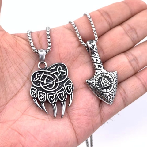 Collana Pendente Vichingo Acciaio Inossidabile Nodo Celtico Valknut Runa Artiglio D'Orso Punta Di Freccia Gioielli Uomo