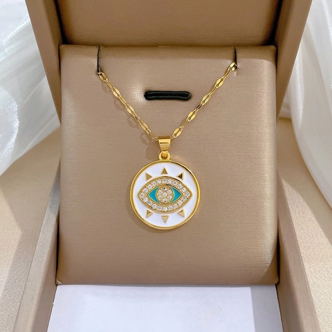 Collana Con Pendente Malocchio Acciaio Inossidabile Rame Smalto Zircone Intarsiato Catena Dorata Gioielli Eleganti Da Donna