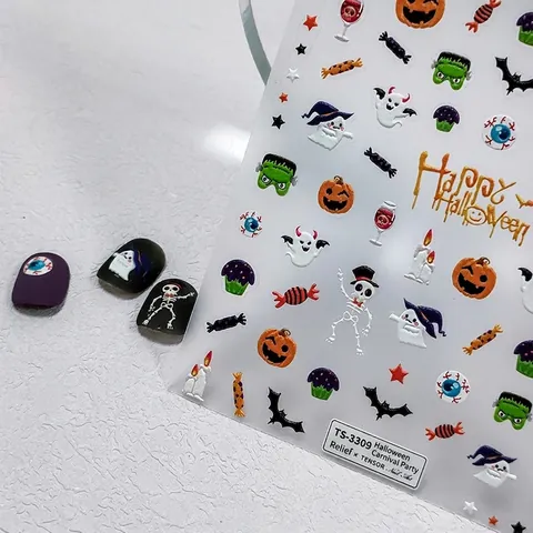 Halloween Nail Art Stickers 5D Embossed Self Adhesive Stereoscopic Pumpkin Ghost Skull Bat DIY Manicure Decoration