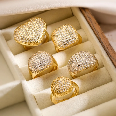 Zircon Gold Plated Copper Adjustable Open Ring Heart Geometric Light Luxury Jewelry For Women