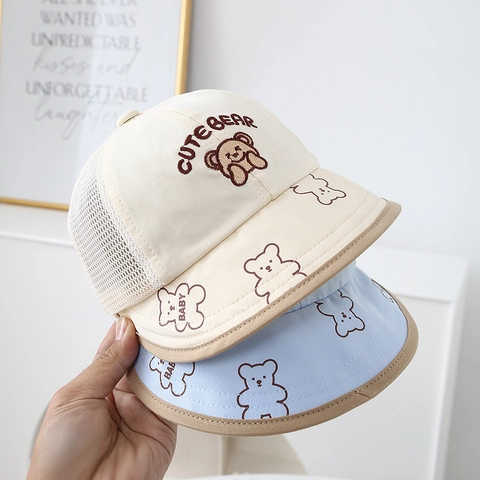 Cappello Sole Neonato Rete Traspirante Cotone Ricamo Orso Cartone Animato Estate Esterno Regolabile Tesa Morbida Piccoli